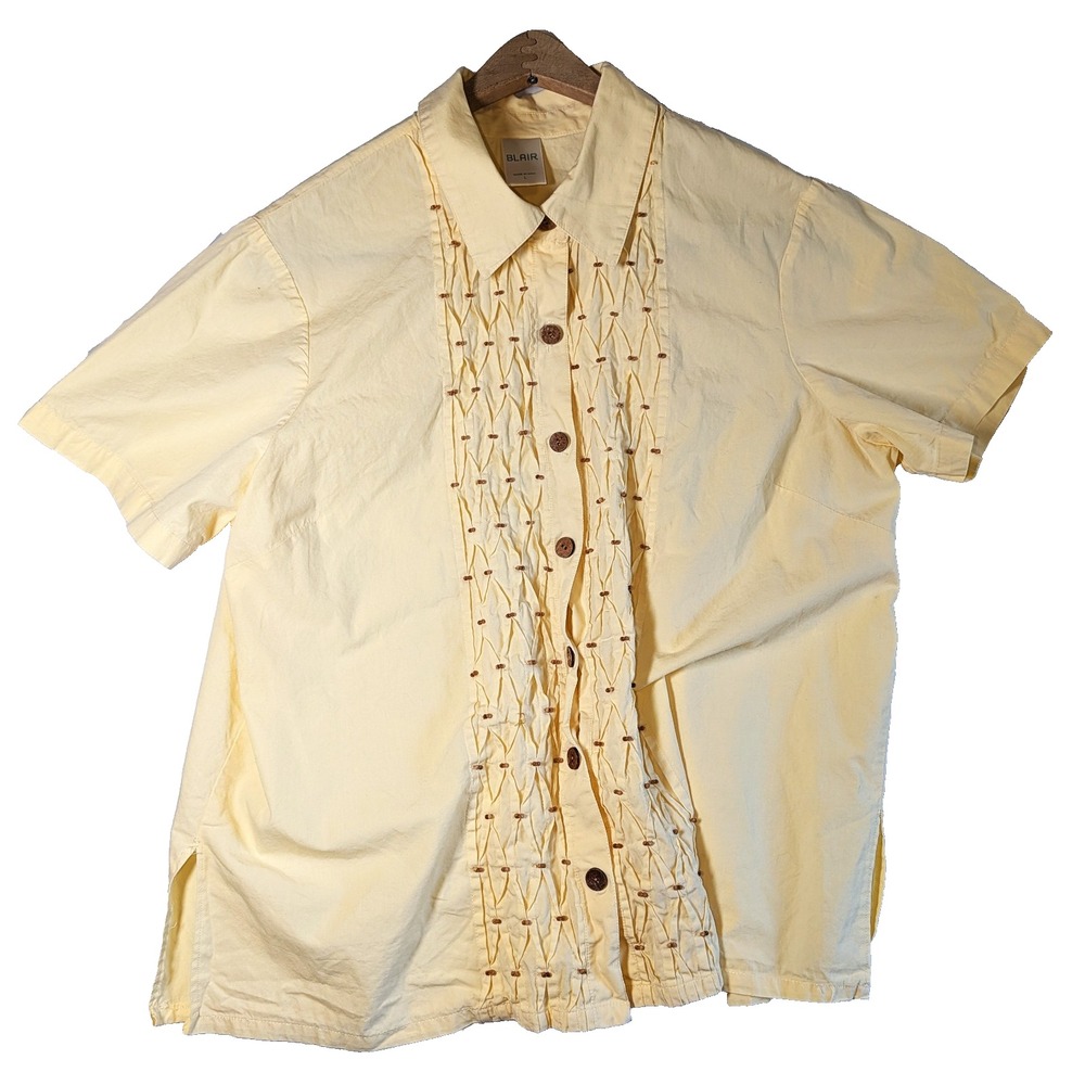 Yellow Blouse With Cocnut Shell buttons and wooden beads & Pleated Blair Sz Lg.